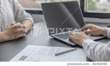 Job application, Employer or HR examines the applicant's information with a laptop to check their work history and ability to perform, Manager resource employment and recruitment. 80488490