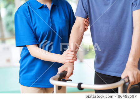 Elderly people walking with walking assistance 80488597
