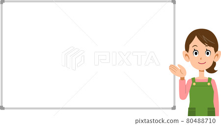 A woman with an apron and a simple whiteboard to introduce with her palm facing 80488710