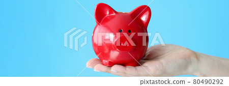 Female hand holding red piggy bank on blue background closeup Female hand holding red piggy bank on blue background closeup 80490292