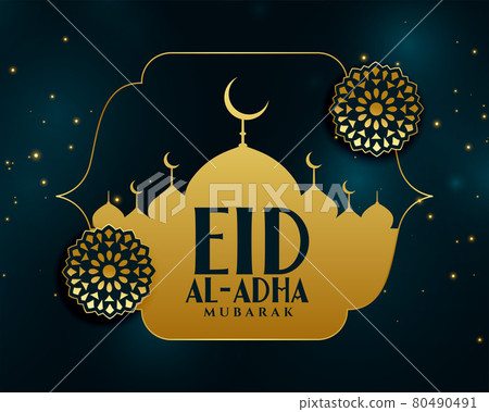 golden eid al adha decorative islamic greeting 80490491