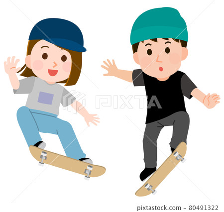 Illustration of men and women skateboarding tricks 80491322