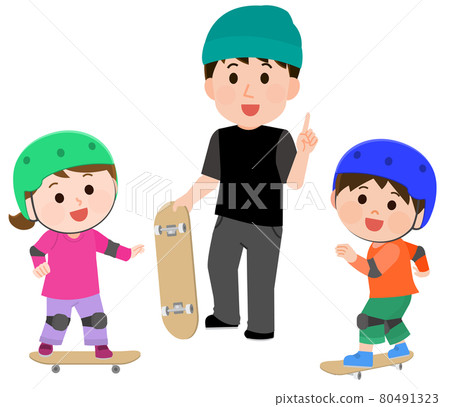 男老師在滑板課上教孩子的插圖 80491323
