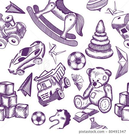 The seamless background of children's toys is drawn with a pen. Vector illustration The seamless background of children's toys is drawn with a pen. Vector illustration 80491347