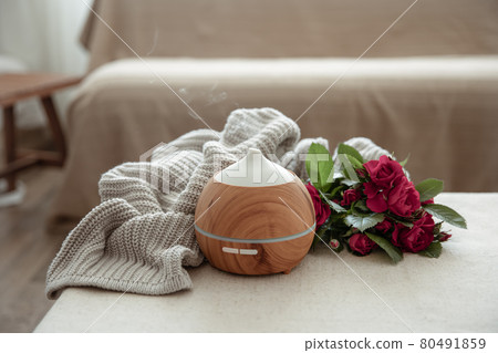 Cozy home composition with an air humidifier, knitted element and roses. 80491859