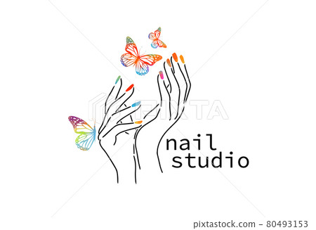 Beautiful female hands. Nail studio. Nail polish logo. Mixed media. Multicolored butterflies. vector illustration Beautiful female hands. Nail studio. Nail polish logo. Mixed media. Multicolored butterflies. vector illustration 80493153