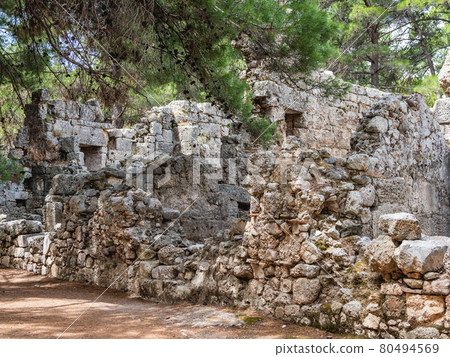 Ruins of large bath of ancient Phaselis city. Famous architectural landmark, Kemer district, Antalya province. Turkey. Ruins of large bath of ancient Phaselis city. Famous architectural landmark, Kemer district, Antalya province. Turkey. 80494569