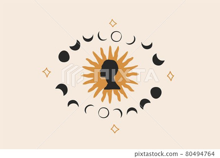 Hand drawn vector abstract stock flat graphic illustration with logo element,bohemian astrology magic minimalistic art of mystic moon phases silhouettes and sun in circle,simple style for branding. 80494764