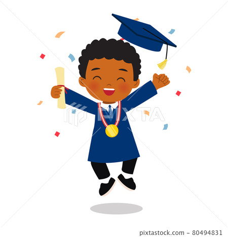 Cute African boy celebrate graduation with confetti. Flat vector cartoon design 80494831