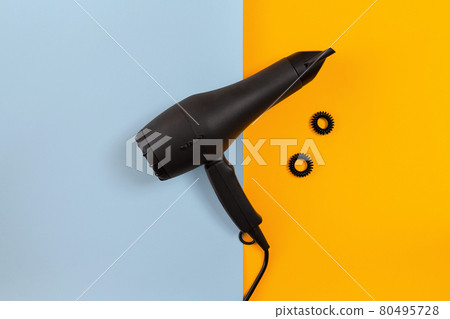 Hairdresser set with various accessories on orange and blue background Hairdresser set with various accessories on orange and blue background 80495728