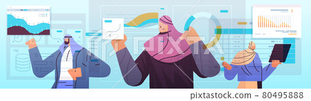 arab businesspeople team analyzing financial statistics charts and graphs data analysis planning company strategy 80495888