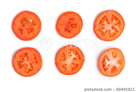 Tomato slices isolated on white background. Fresh vegetable. Raw organic healthy food. Grocery and supermarket cooking and eating. 80495921