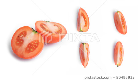 Tomato slices isolated on white background. Fresh vegetable. Raw organic healthy food. Grocery and supermarket cooking and eating. 80495932