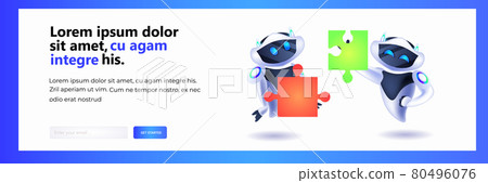 cute robots putting puzzle parts together modern robotic characters team solving problems artificial intelligence cute robots putting puzzle parts together modern robotic characters team solving problems artificial intelligence 80496076
