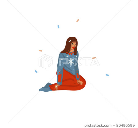 Hand drawn vector abstract fun stock flat Merry Christmas,and Happy New Year cartoon festive card with cute illustrations of girl sitting and preparing for Christmas isolated on white background 80496599