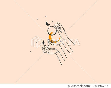 Hand drawn vector abstract stock flat graphic illustration with logo elements ,woman fashion magic line art hands touch moonand stars in simple style for branding ,isolated on color background 80496783