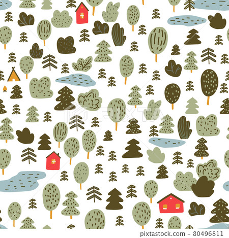 Small red cabins in forest. Scandinavian pattern, woodland texture. Detailed small scale vector background for nursery wallpaper, kids textile print. 80496811