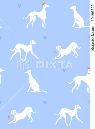 Grayhound in different poses, dog silhouettes on blue background. Romantic seamless pattern, french style texture. Elegant dogs on datings 80496821