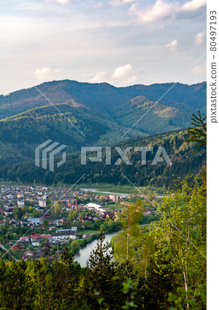 Skole town among Carpathian mountains, Ukraine, view from mountain, autumn season 80497193