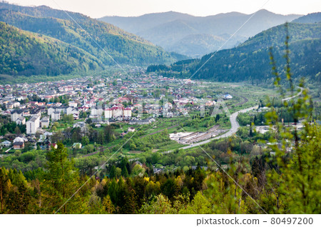 Ukraine Carpathian Mountains, Vezle nature reserve town Skole, view from mountain, autumn season, nature outdoors Ukraine Carpathian Mountains, Vezle nature reserve town Skole, view from mountain, autumn season, nature outdoors 80497200