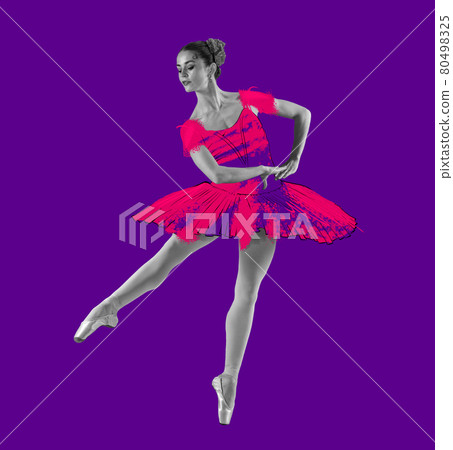 Young beautiful graceful ballerina in drawn dress, outfit or tutu isolated on purple background. Illustration, painting. Concept of beauty, grace and calssic ballet art 80498325