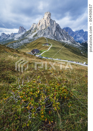 Giau Pass high alpine pass, popular travel destination in Dolomites, Italy 80498687