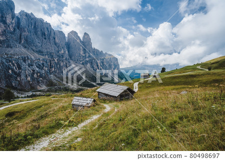 Hiking trail along Passo Sella group mountains in Dolomites, South Tyrol, Italy, Europe 80498697