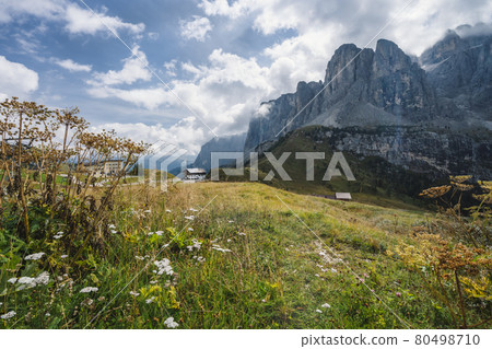Passo Gardena and Refugio house in Dolomites mountain - South Tyrol, Italy, Europe 80498710