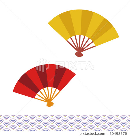 日本新年幸運符。折扇和日本圖案顏色的矢量插圖。易於修改，非常適合新年賀卡。 80498876