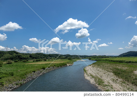 Nakagawa seen from the new Nakagawa Bridge with cotton clouds and blue sky in the background 80499114