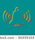 Ringing bell icon. Pseudo 3d embossed icon with citrine and persian red colors on dark cyan background. Illustration. 80499164