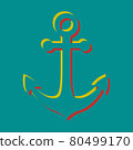 Anchor icon. Pseudo 3d embossed icon with citrine and persian red colors on dark cyan background. Illustration. 80499170
