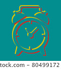 Alarm clock sign. Pseudo 3d embossed icon with citrine and persian red colors on dark cyan background. Illustration. 80499172