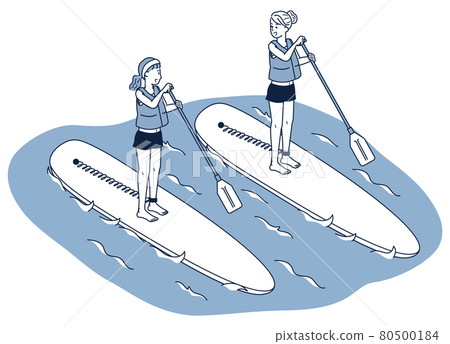 一個女人和朋友在海上享受 SUP 的等距 80500184