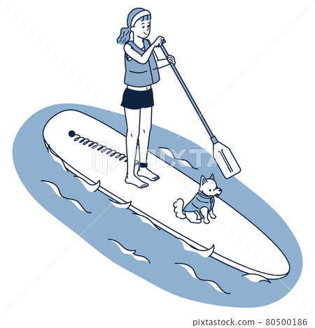 Isometric of a woman and her dog enjoying SUP in the sea 80500186