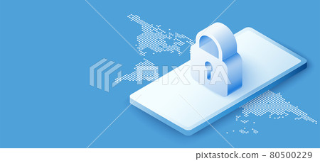 3D isometric mobile with padlock security concept. Digital technology data protection. Vector art illustration background 3D isometric mobile with padlock security concept. Digital technology data protection. Vector art illustration background 80500229