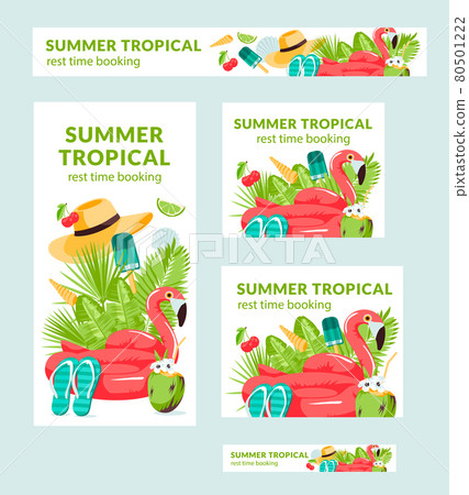 Summer tropic travel illustration vector banners of different sizes is suitable for poster , Flyer and related with food. Flaming, palm leaves, sun hat, shells, tropic cocktail. Swim beach rest 80501222