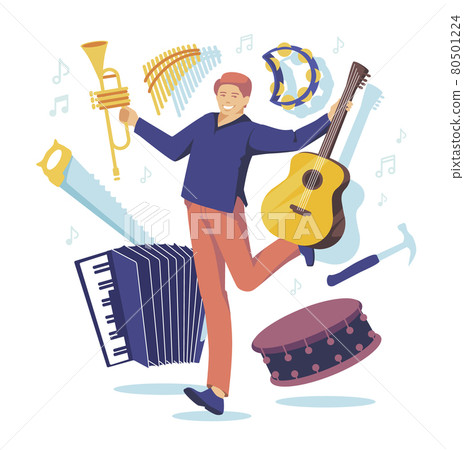 multitasking man-orchestra with many instruments: guitar, button accordion, tambourine, trumpet, drum, hammer, saw multitasking man-orchestra with many instruments: guitar, button accordion, tambourine, trumpet, drum, hammer, saw 80501224
