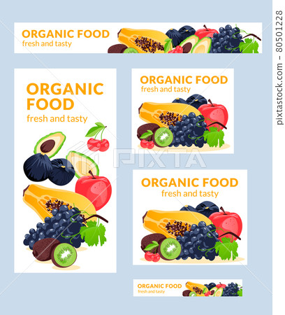 Organic food illustration vector banners of different sizes is suitable for poster , Flyer and related with food. Papaya, apple, grape, figs, cherry, avocado, kiwi. Healthy food 80501228