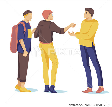Men take part in a business meeting, formal discussion, conference. Male cartoon characters talk to each other, exchange information. Vector illustration Men take part in a business meeting, formal discussion, conference. Male cartoon characters talk to each other, exchange information. Vector illustration 80501233