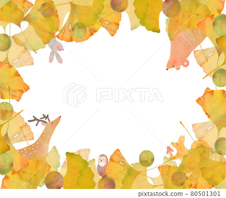 Scandinavian fashionable ginkgo and ginkgo and forest animal white background frame illustration of vector material 80501301