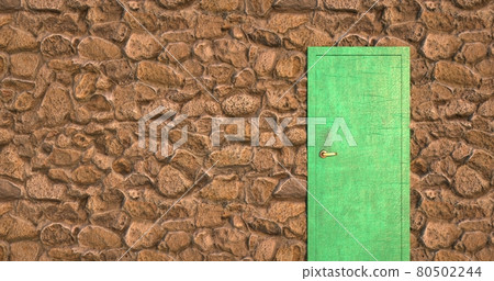 Green door in an old wall of stone 3d-rendering 80502244