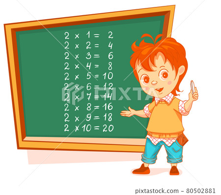 Boy student write multiplication table 2 on chalkboard. Math lesson education 80502881
