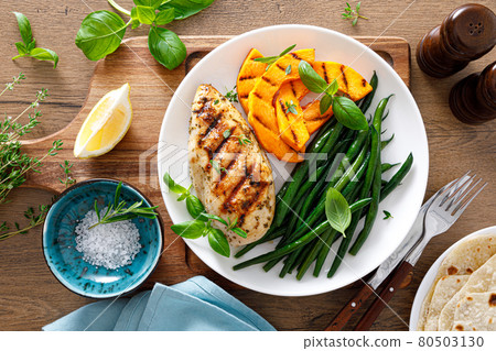 Grilled chicken breast with green beans and butternut squash, top view Grilled chicken breast with green beans and butternut squash, top view 80503130