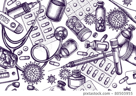 Artistic seamless pattern with vial of blood, pills and medicines, medical thermometer, coronavirus Artistic seamless pattern with vial of blood, pills and medicines, medical thermometer, coronavirus 80503955