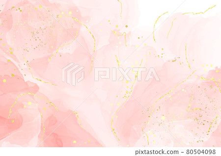 Abstract rose blush liquid watercolor background with golden lines, dots and stains. Pastel marble alcohol ink drawing effect. Vector illustration design template for wedding invitation 80504098