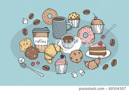 Coffee store hand drawn set. Sketch line art sweet pastry hot fresh breakfast. Organic coffee bean Coffee store hand drawn set. Sketch line art sweet pastry hot fresh breakfast. Organic coffee bean 80504307
