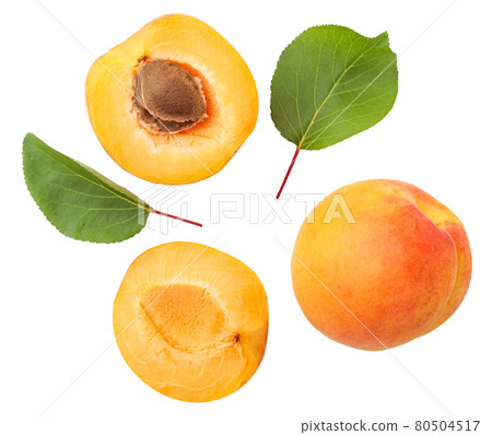 Apricots whole and half with green leaves on a white background set, cut apricots. Isolated 80504517
