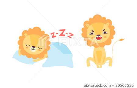 Adorable Lion Character Activities Set, Cute African Animal Sleeping in Bed and Roaring Cartoon Vector Illustration 80505556