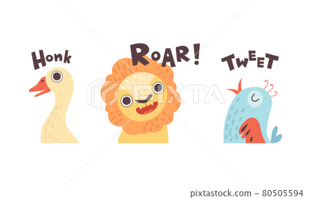 Cute Animals Making Sounds Set, Adorable Goose, Lion, Bird Saying Honk Roar, Tweet Cartoon Vector Illustration 80505594